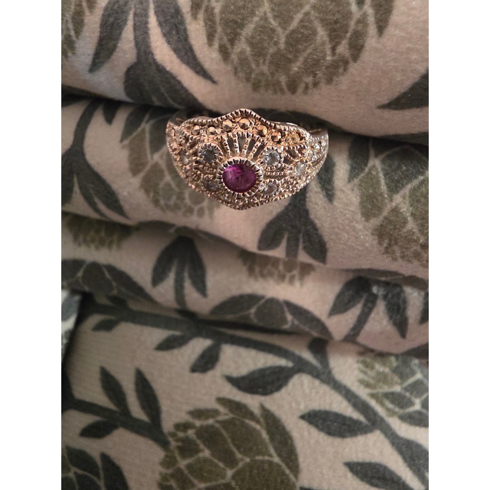 Vintage Sterling Silver 925 Pink Stone Marcasite Filigree Cocktail Ring Size 6.5